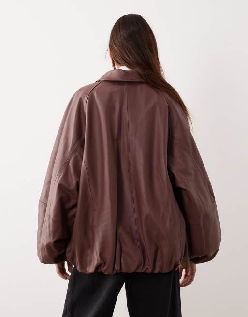 ARRANGE - Bomber oversize en cuir à manches ballon - Marron, 4 de 4