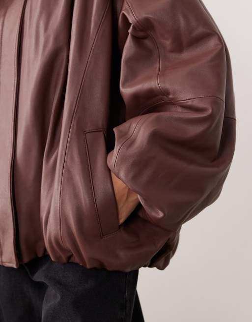 ARRANGE - Bomber oversize marrone in pelle con maniche a palloncino, 3 di 4