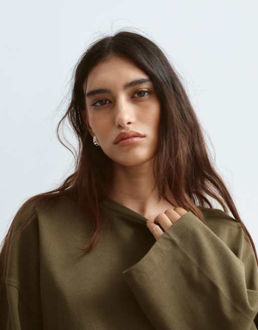 ARRANGE bomulds oversized langærmet T-shirt i khaki, 3 af 4
