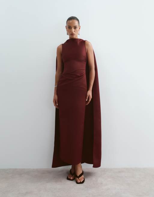 ARRANGE bonded satin maxikjole med slæb i bordeaux, 5 af 5
