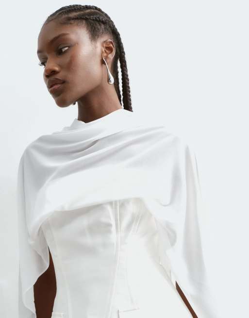 ARRANGE bonded satin sculpted bandeau top with chiffon overlayer in ivory, 3 of 5