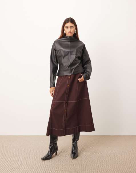 ARRANGE heavy twill full midi skirt  with contrast stitch in burgundy