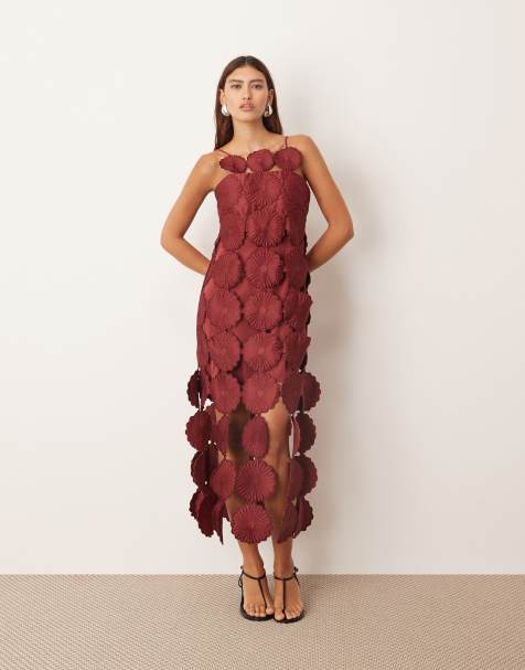 ARRANGE cutwork floral midi dress with fringe hem in burgundy