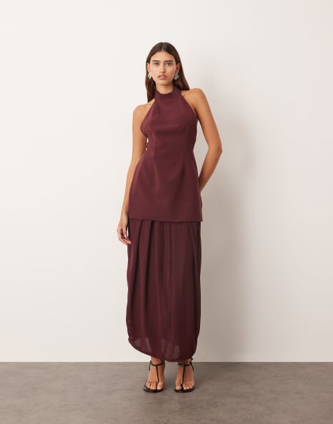 ARRANGE hybrid halter drape hem midi dress with open back in burgundy