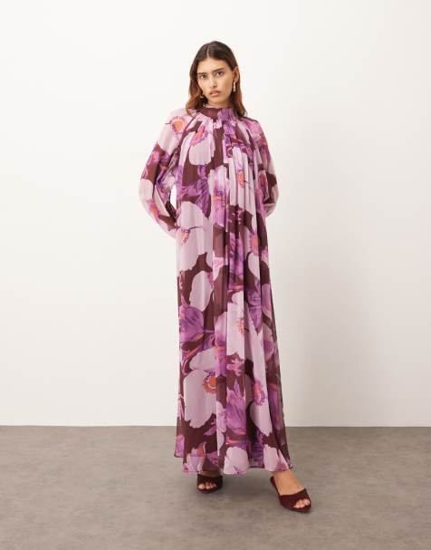 ARRANGE chiffon trapeze maxi dress with balloon sleeves in burgundy floral