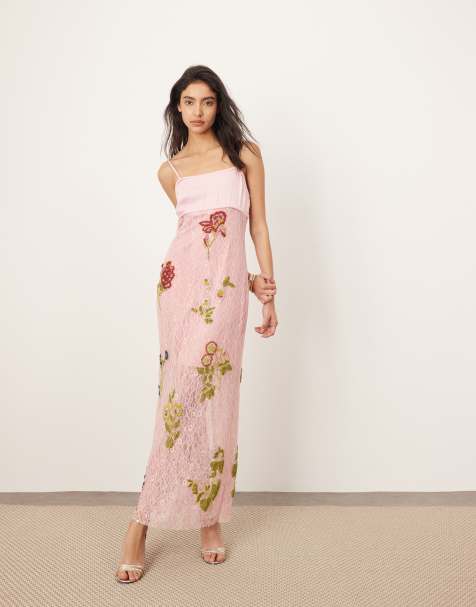 ARRANGE botanical embellished contrast bodice column maxi dress in pink - view 1