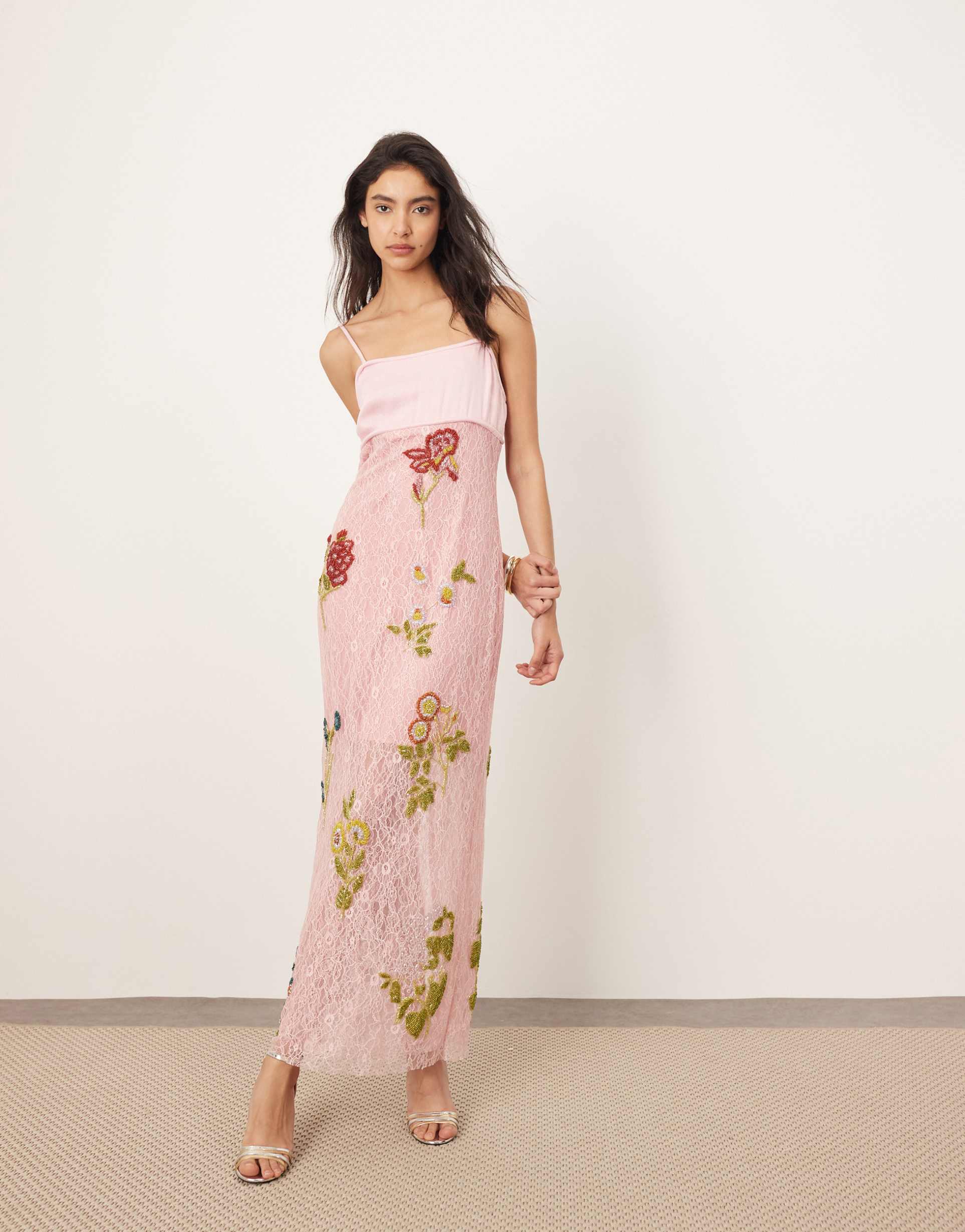 arrange botanical embellished contrast bodice column maxi dress in pink
