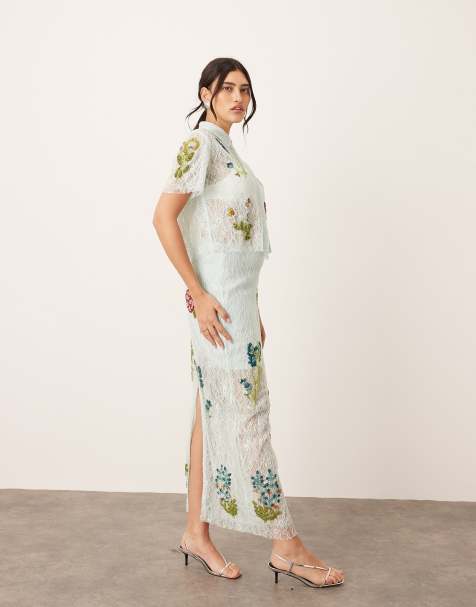 ARRANGE botanical floral embellished lace crop shirt and midi skirt in light blue - view 1