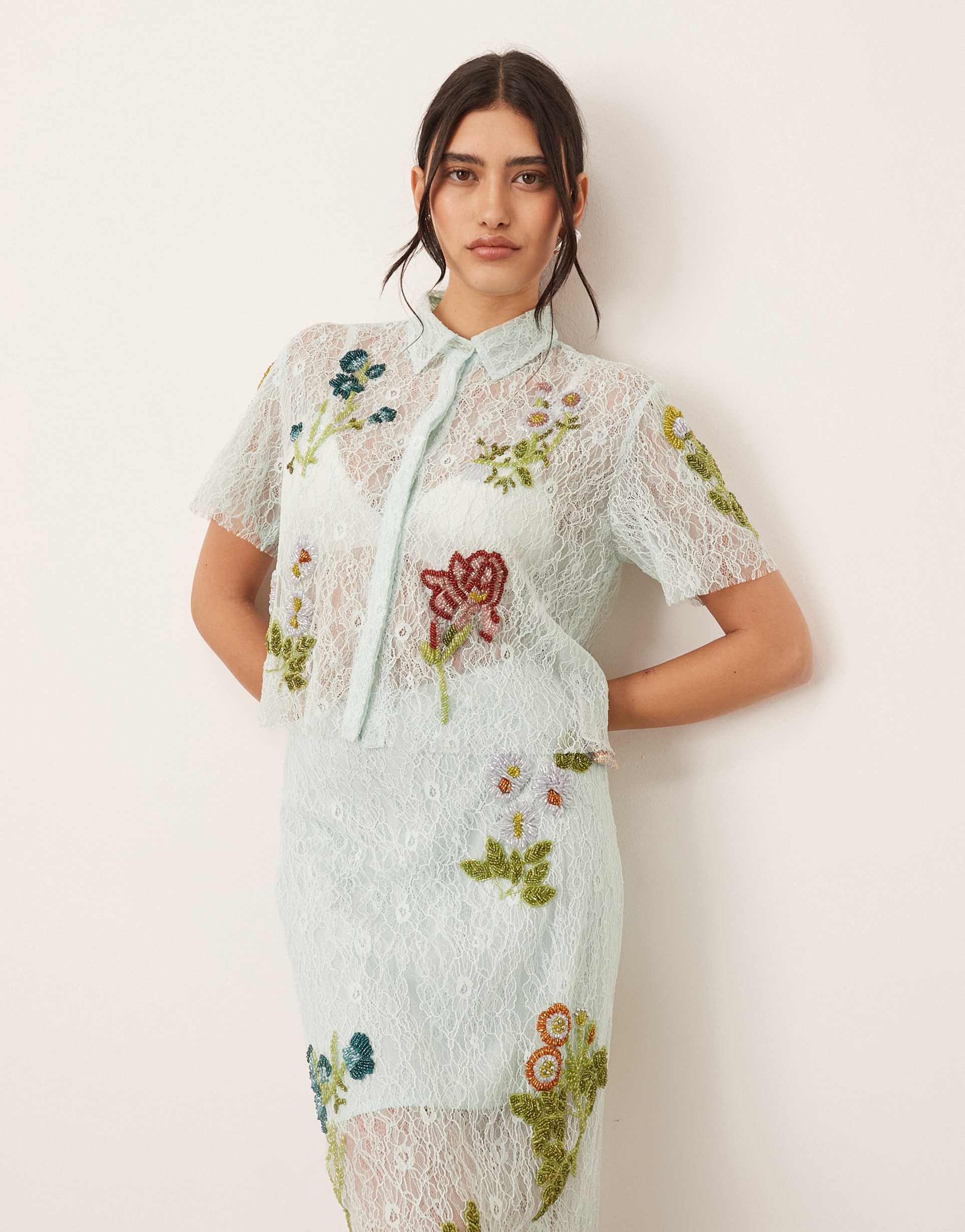 arrange botanical floral embellished lace crop shirt in light blue - part of a set