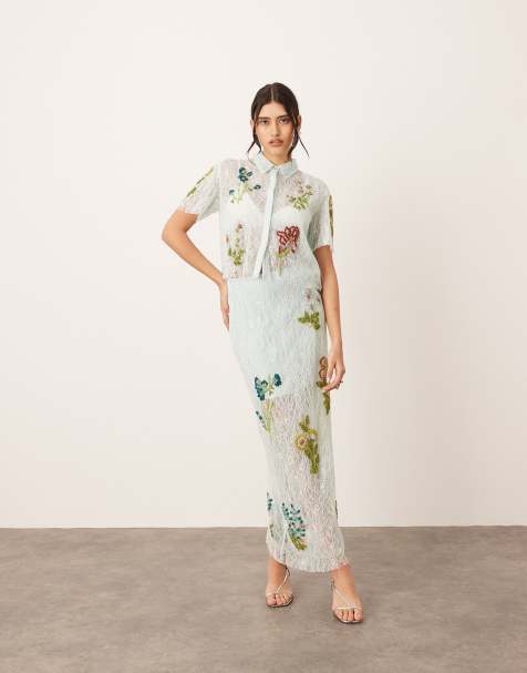 ARRANGE botanical floral embellished lace midi skirt co-ord in light blue - view 1