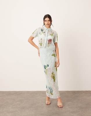 botanical floral embellished lace midi skirt in light blue - part of a set