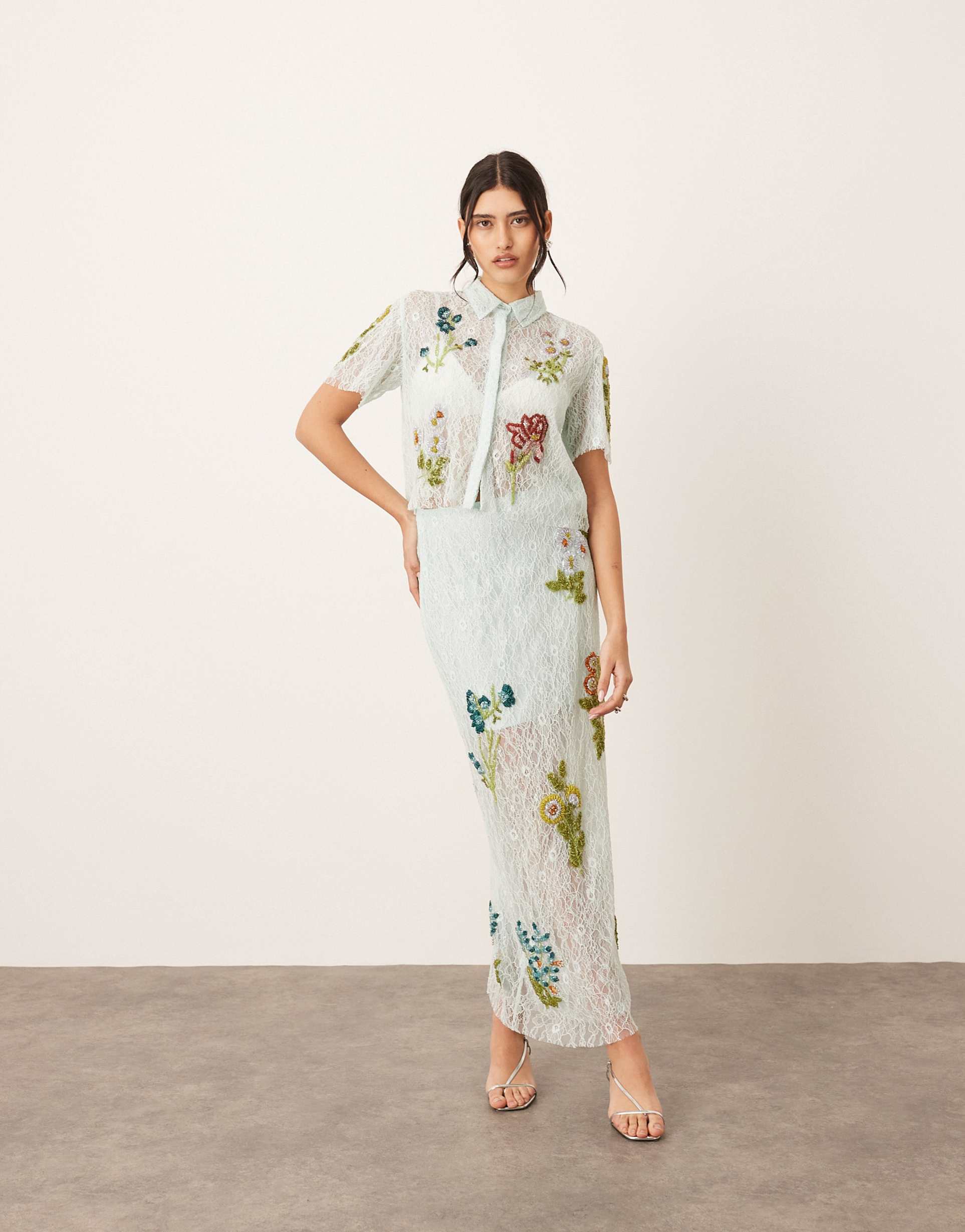arrange botanical floral embellished lace midi skirt in light blue - part of a set
