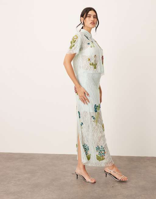 ARRANGE botanical floral embellished lace midi skirt in light blue (part of a set)