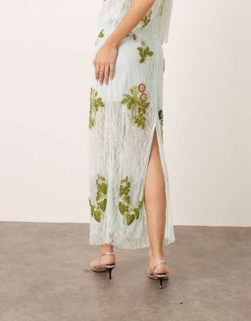 ARRANGE botanical floral embellished lace midi skirt in light blue (part of a set)