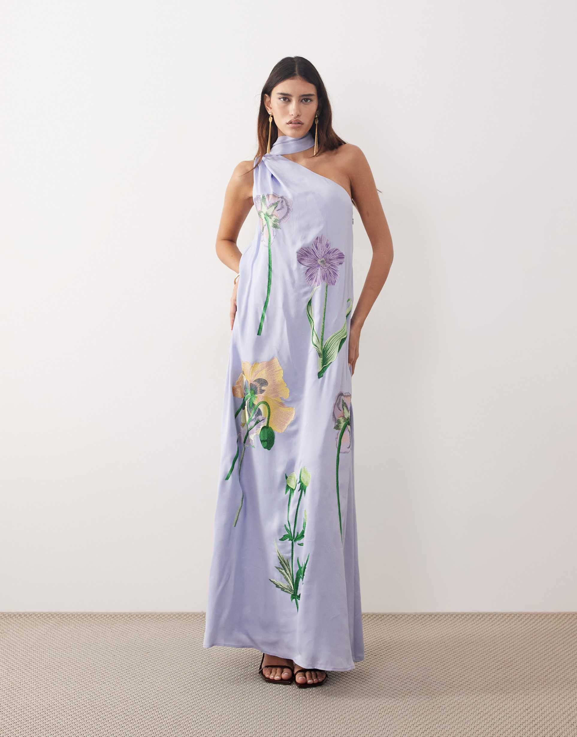 arrange botanical floral embroidered one shoulder maxi dress in dusky blue