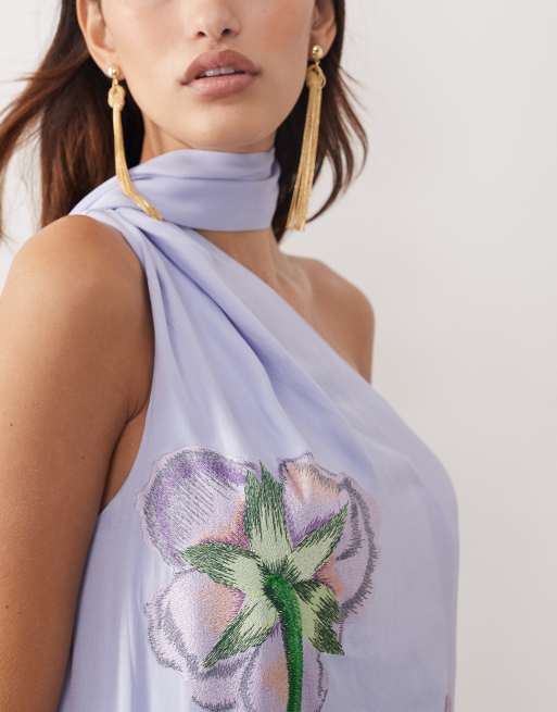 ARRANGE botanical floral embroidered one shoulder maxi dress in dusky blue, 3 of 4