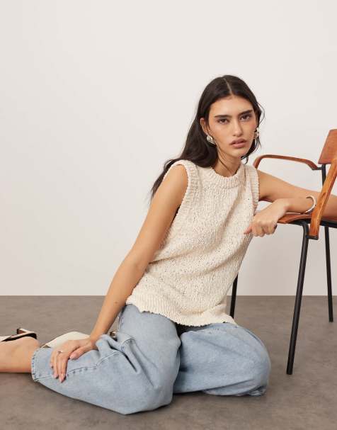 ARRANGE boucle open knit longline singlet top in off white - view 1