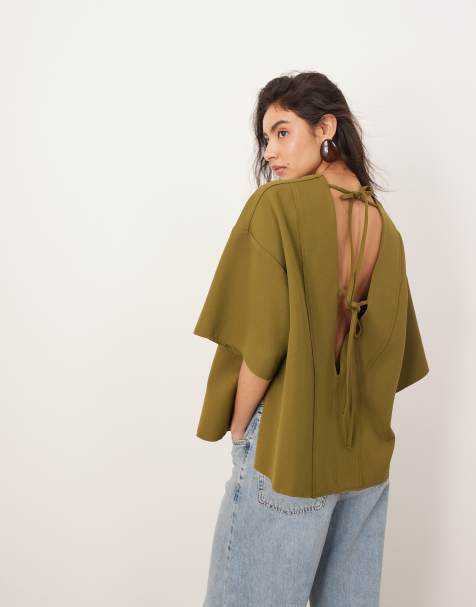 ARRANGE boxy seamed top with tie back detail in olive - view 1