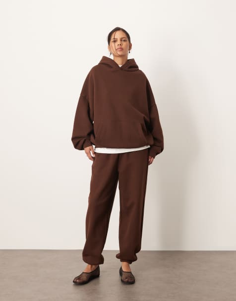 ARRANGE – Brązowy gruby zestaw premium: joggersy ze ściągaczami i bluza z kapturem oversize - view 1