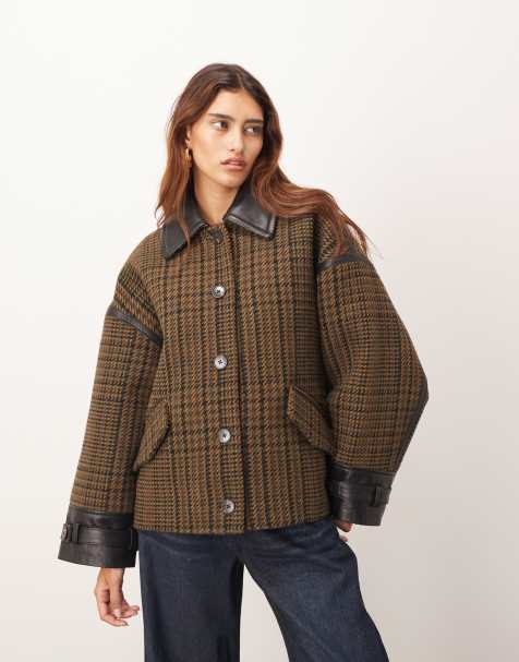 ARRANGE houndstooth brushed wool blend coat with leather detail in brown