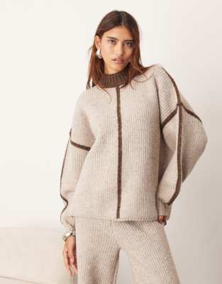 ARRANGE - Breit gerippter, hochgeschlossener Strickpullover in Haferbeige und Schokobraun, Kombiteil-Neutral
