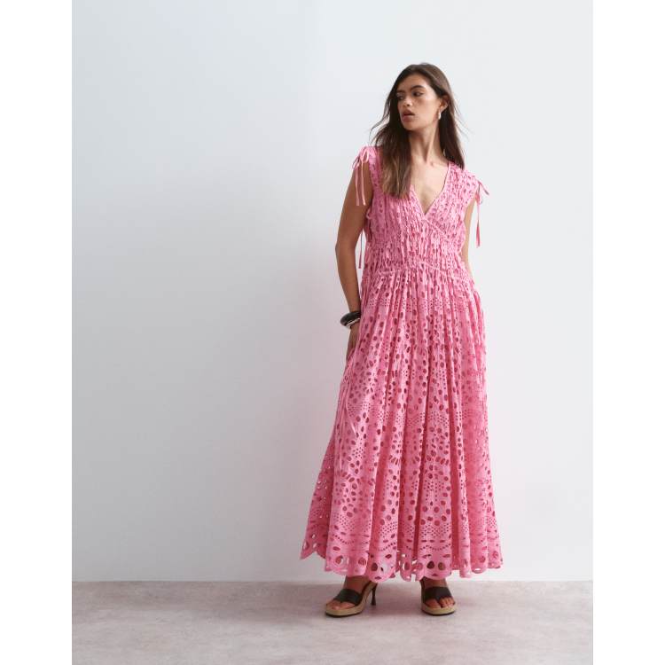 ARRANGE broderie drawstring detail trapeze maxi dress in bright
