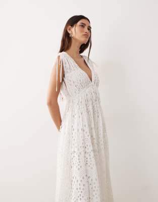 Arrange Broderie Drawstring Detail Trapeze Maxi Dress In White