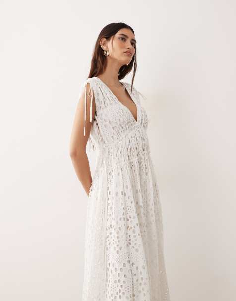 ARRANGE broderie drawstring detail trapeze maxi dress in white - view 1