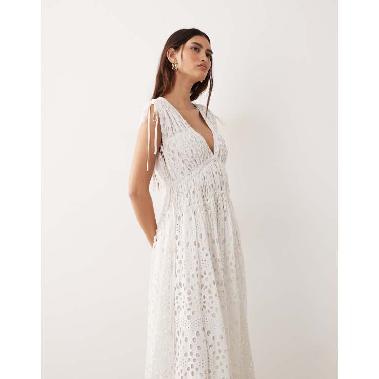 ARRANGE broderie drawstring detail trapeze maxi dress in White