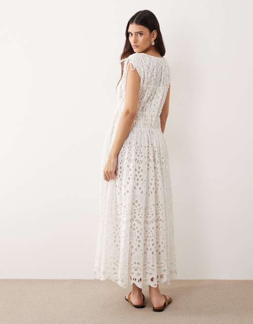 ARRANGE broderie drawstring detail trapeze maxi dress in White