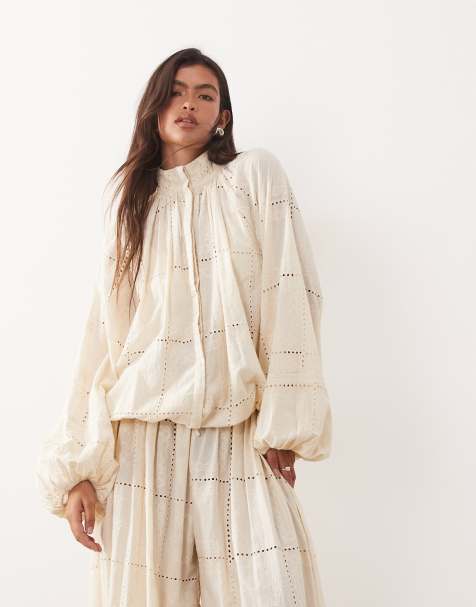 ARRANGE broderie eyelet balloon sleeve shirt co-ord in cream - view 1