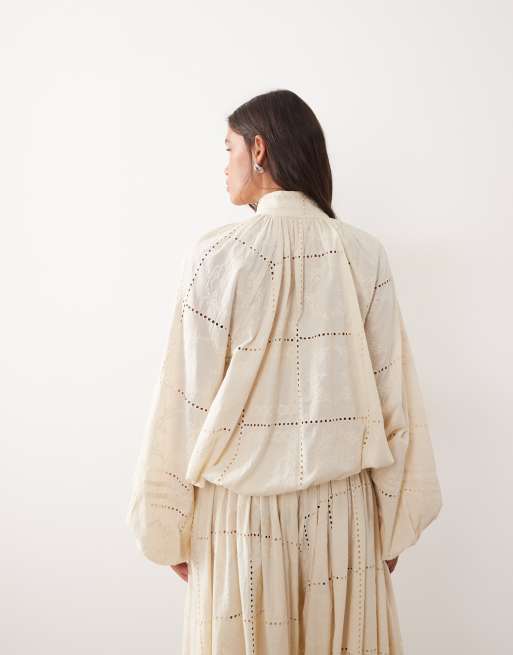 ARRANGE broderie eyelet balloon sleeve shirt co-ord in cream, 3 of 4