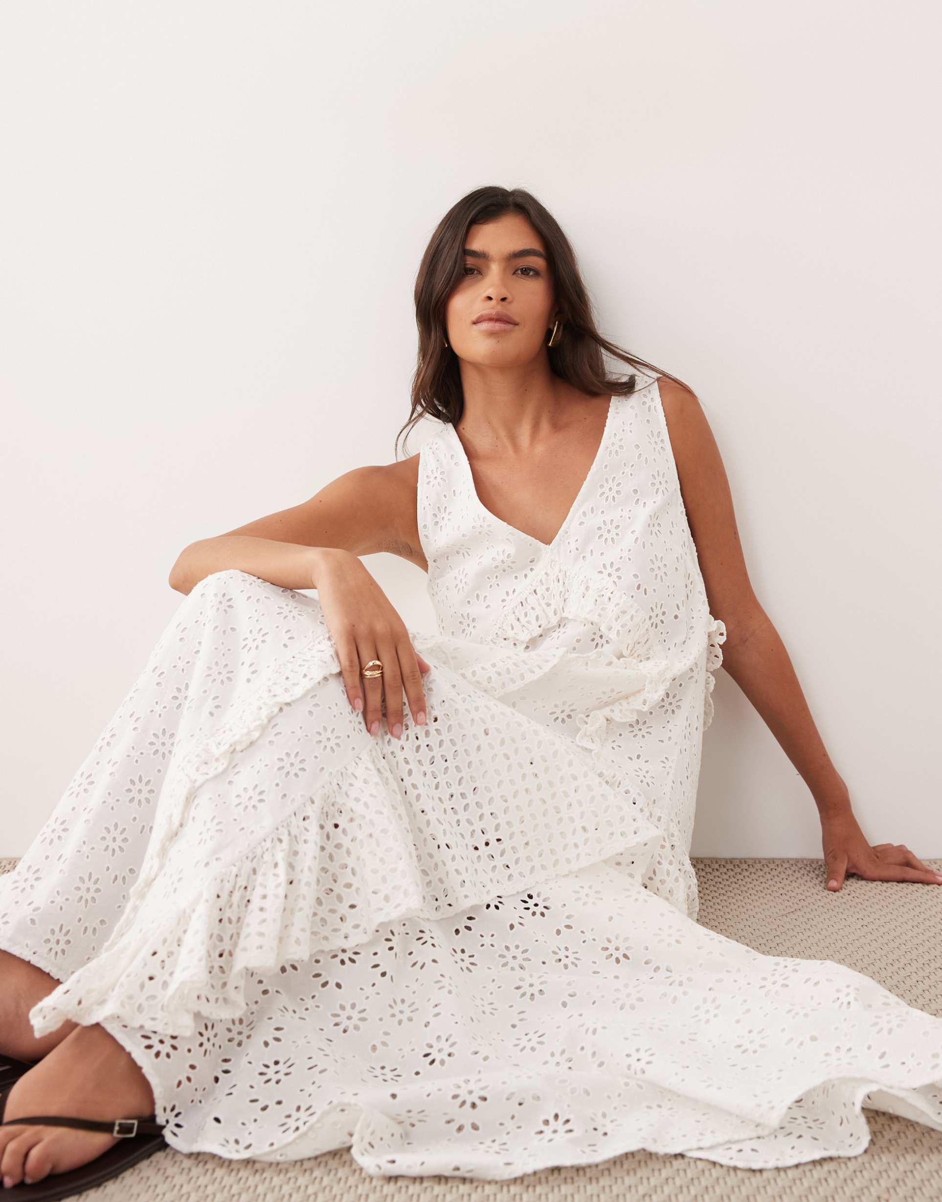 arrange broderie ruffled v-neck maxi dress in white