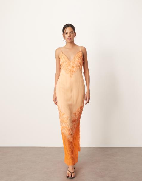 ARRANGE applique embroidered lace panelled cami maxi dress in peach