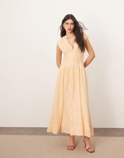 ARRANGE organza pleat waist maxi dress with tie back detail in peach