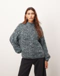 [ARRANGE] ARRANGE cable knit high neck jumper with volume sleeve in twisted yarn in blue and chocolate M BLUE & CHOCOLATE