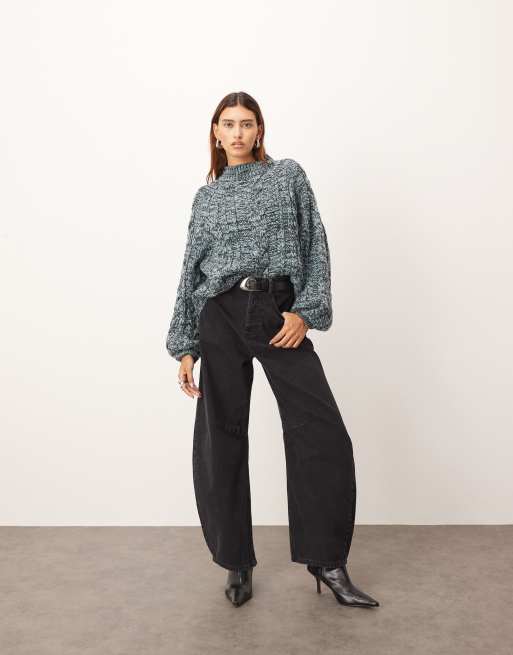 ARRANGE cable knit high neck jumper with volume sleeve in twisted yarn in blue and chocolate, 2 of 4