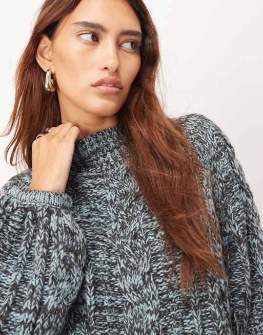 ARRANGE cable knit high neck jumper with volume sleeve in twisted yarn in blue and chocolate, 3 of 4
