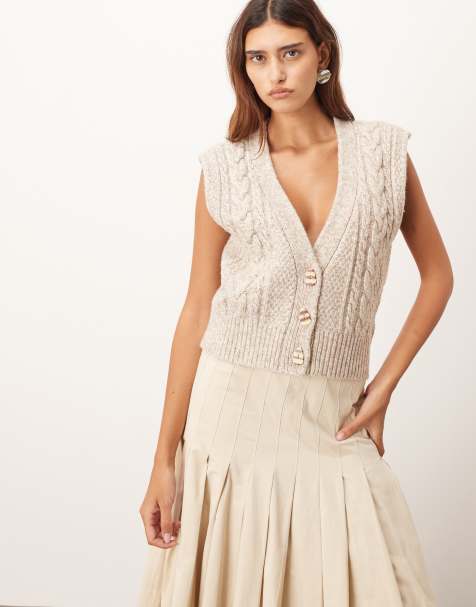 ARRANGE cable knit tank cardi in twisted yarn in brown - view 1