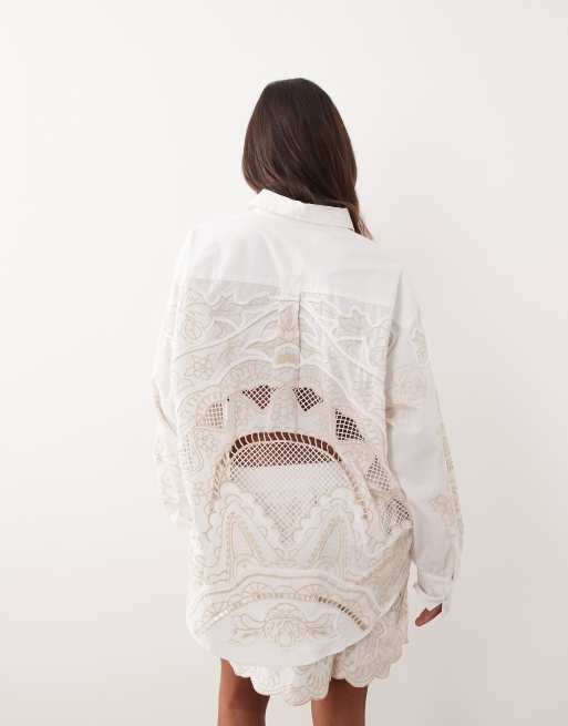 ARRANGE - Camicia oversize bianca con ricami in sangallo in coordinato, 3 di 4