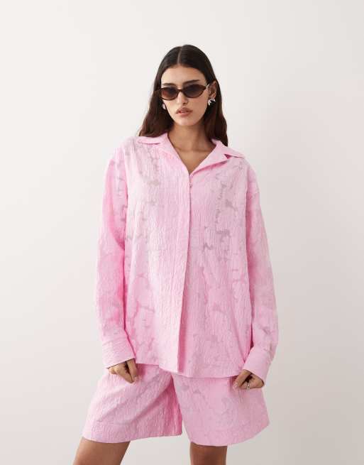 ARRANGE - Camicia oversize in jacquard rosa a fiori in coordinato