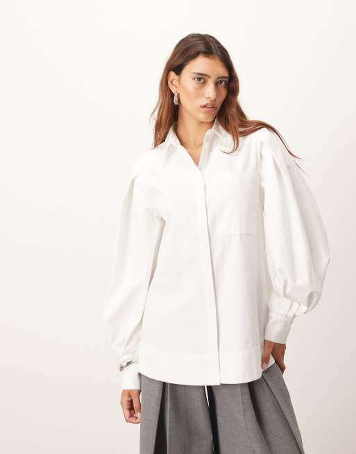 ARRANGE - Camicia sagomata bianca con coulisse sul retro, 2 di 4