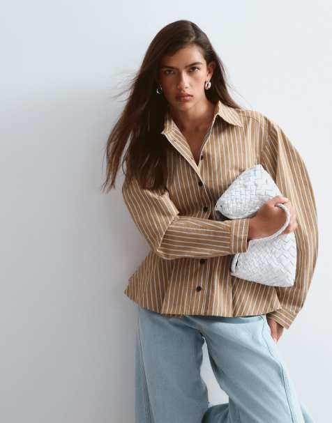 ARRANGE - camisa estructurada con cuello, peplum y botones en contraste a rayas camel - view 1