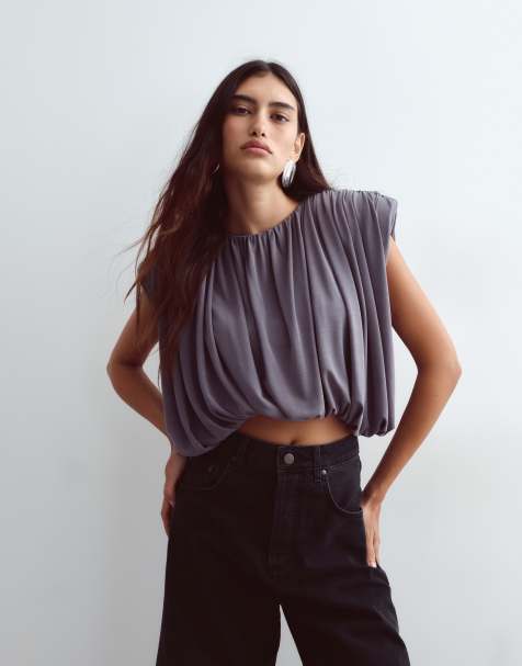 ARRANGE - camiseta fruncida de hombros marcados en gris carbón - view 1
