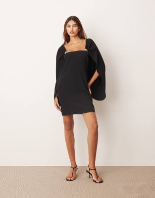 Arrange Cape Sleeve Mini Shift Dress With Metal Trim Detailing In Black