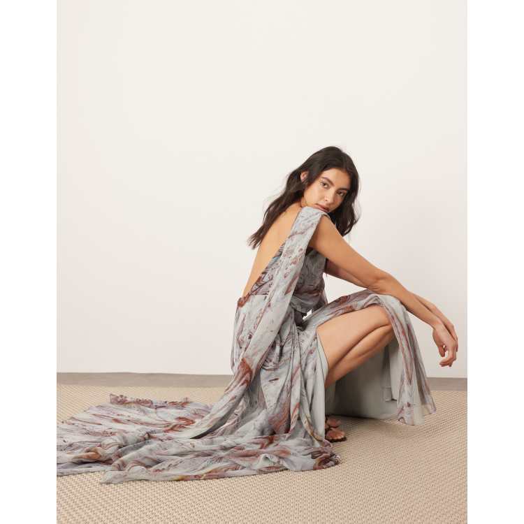 ARRANGE chiffon drape maxi dress with scarf detail in blue marble print |  ASOS