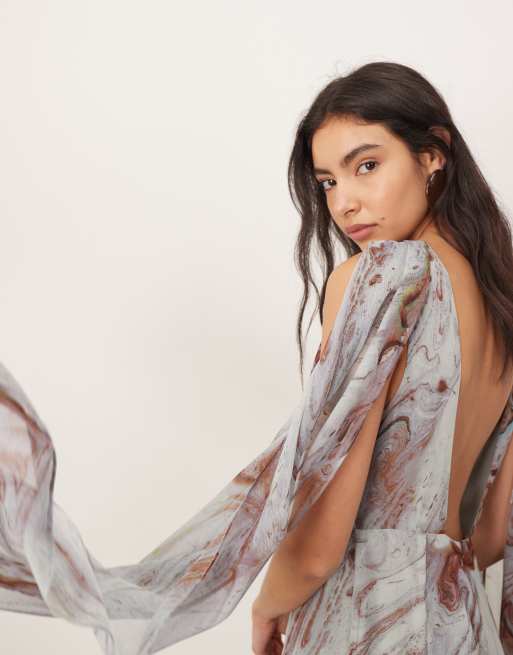ARRANGE chiffon drape maxi dress with scarf detail in blue marble print