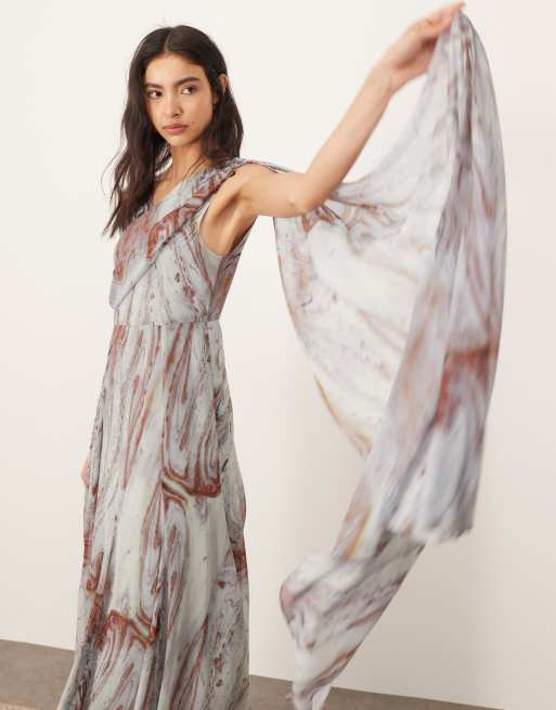 ARRANGE chiffon drape maxi dress with scarf detail in blue marble print