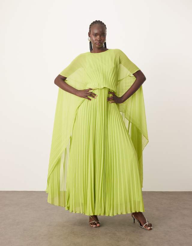 strapless open back dress Skies Are Blue Pleated Maxi Dress Small / Lime Yellow