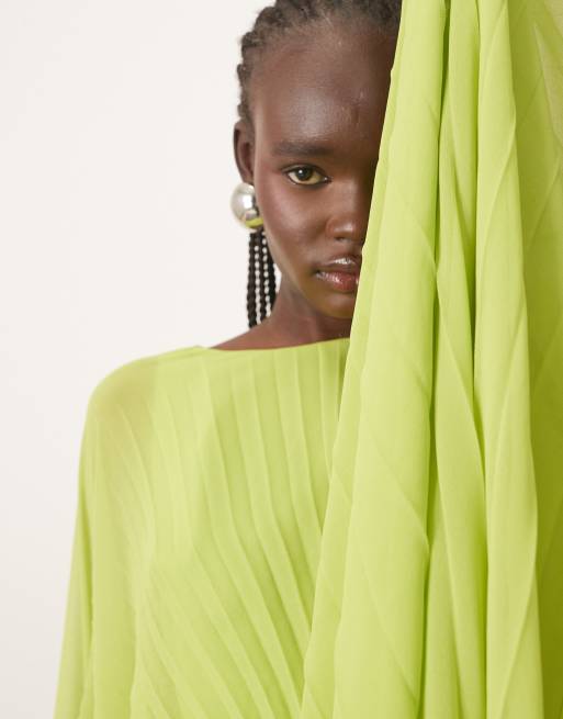 ARRANGE chiffon pleat volume maxi dress with wide sleeve in green